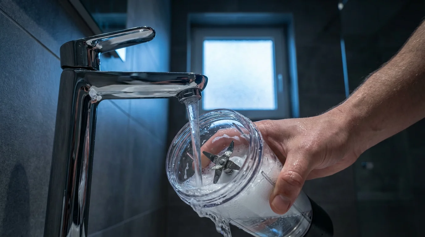 Low angle shot of a person rinsing soap suds from a portable blender cup.
