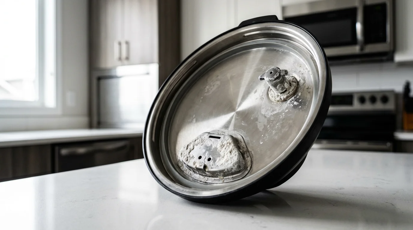 Low angle shot of a pressure cooker lid showing heavy limescale buildup on the steam valves.