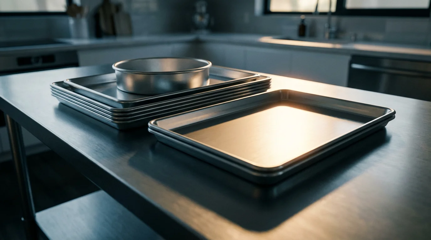 Low angle shot of a shiny aluminum bakeware set on a steel kitchen counter.