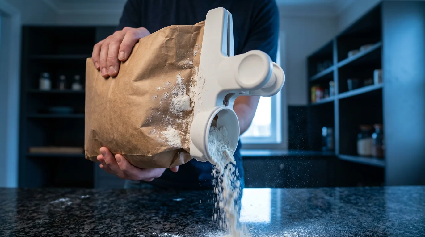Low angle shot of a spout bag clip pouring flour messily from a paper bag.