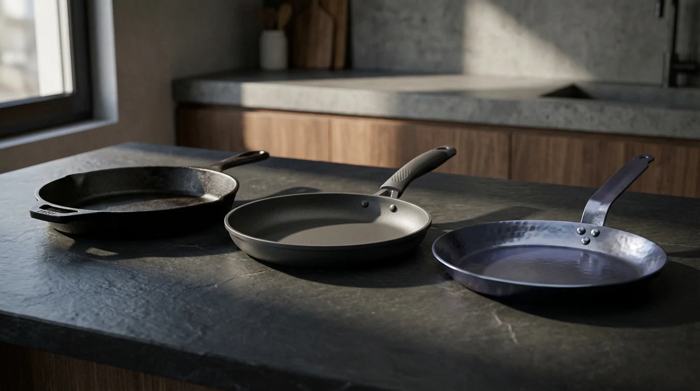 Low angle shot of cast iron, non-stick, and carbon steel griddle pans compared.