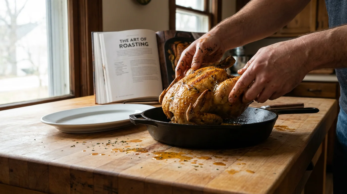 Low angle shot of hands plating a whole roasted chicken in a sunlit kitchen.