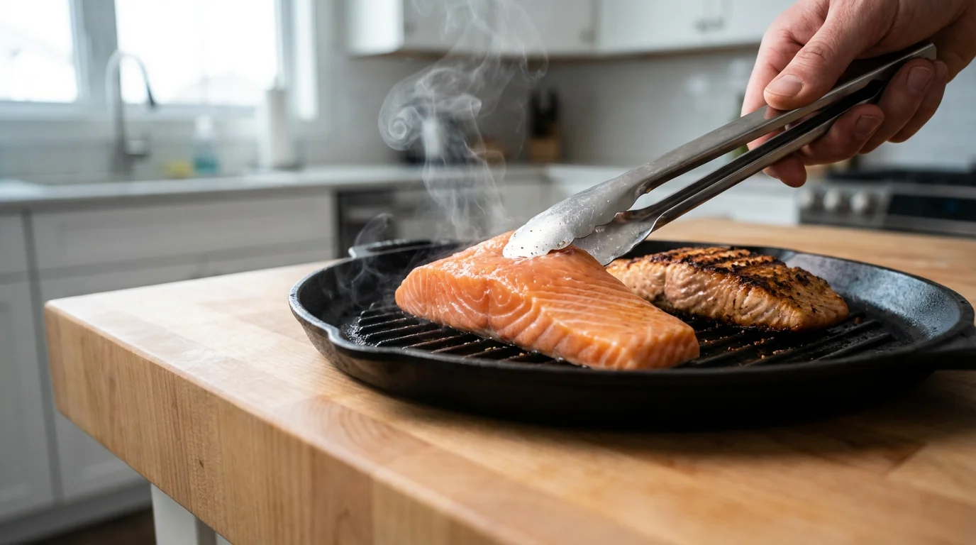 Low angle shot of salmon fillets searing on a hot cast-iron grill pan.
