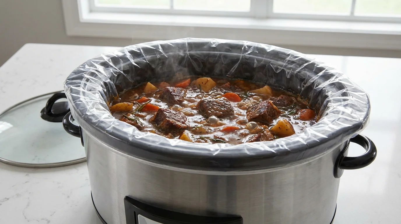 Low angle view of a beef stew simmering in a slow cooker with a liner.