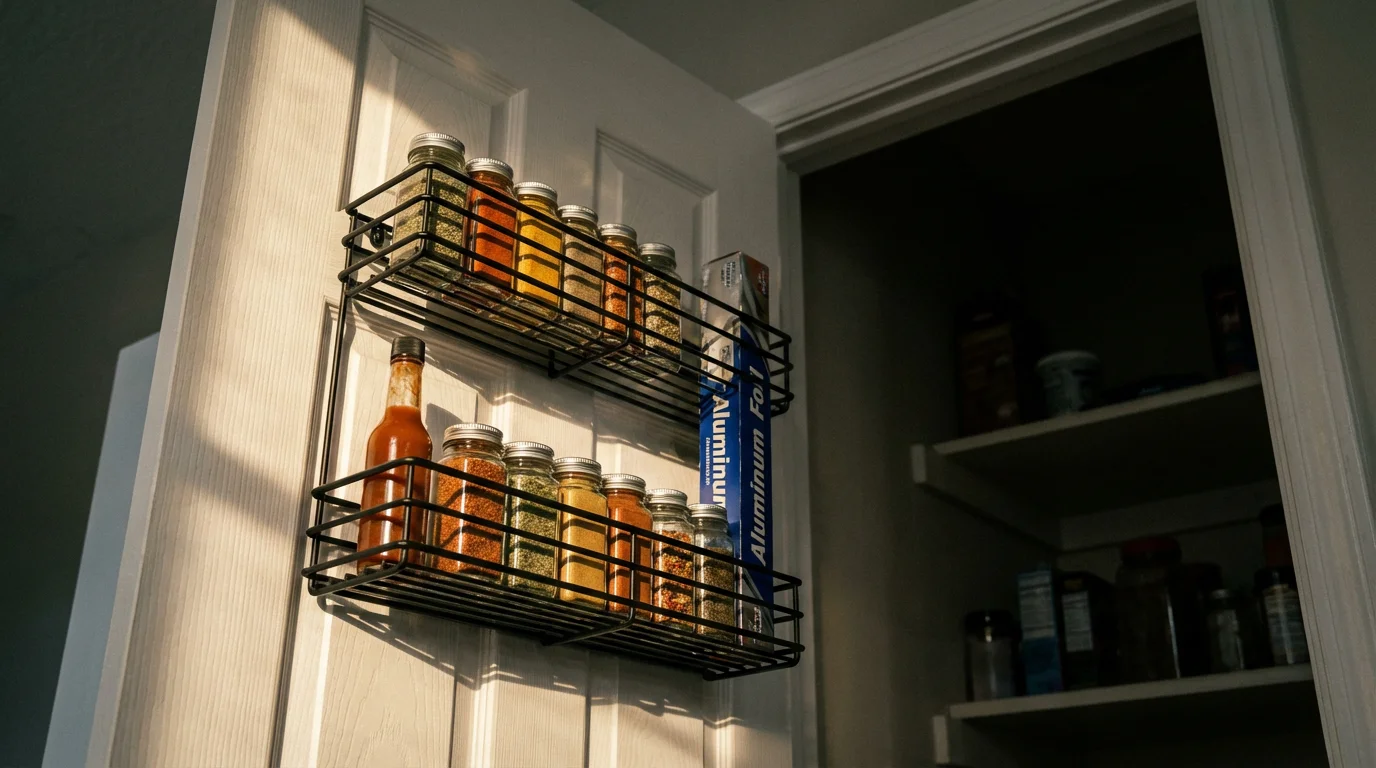 Low angle view of a pantry door with a wire rack organizer holding spices.