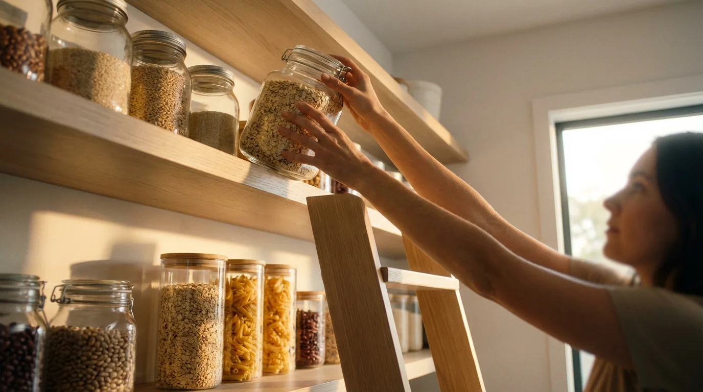 Low angle view of a person placing a bulk storage container on a pantry's top shelf.