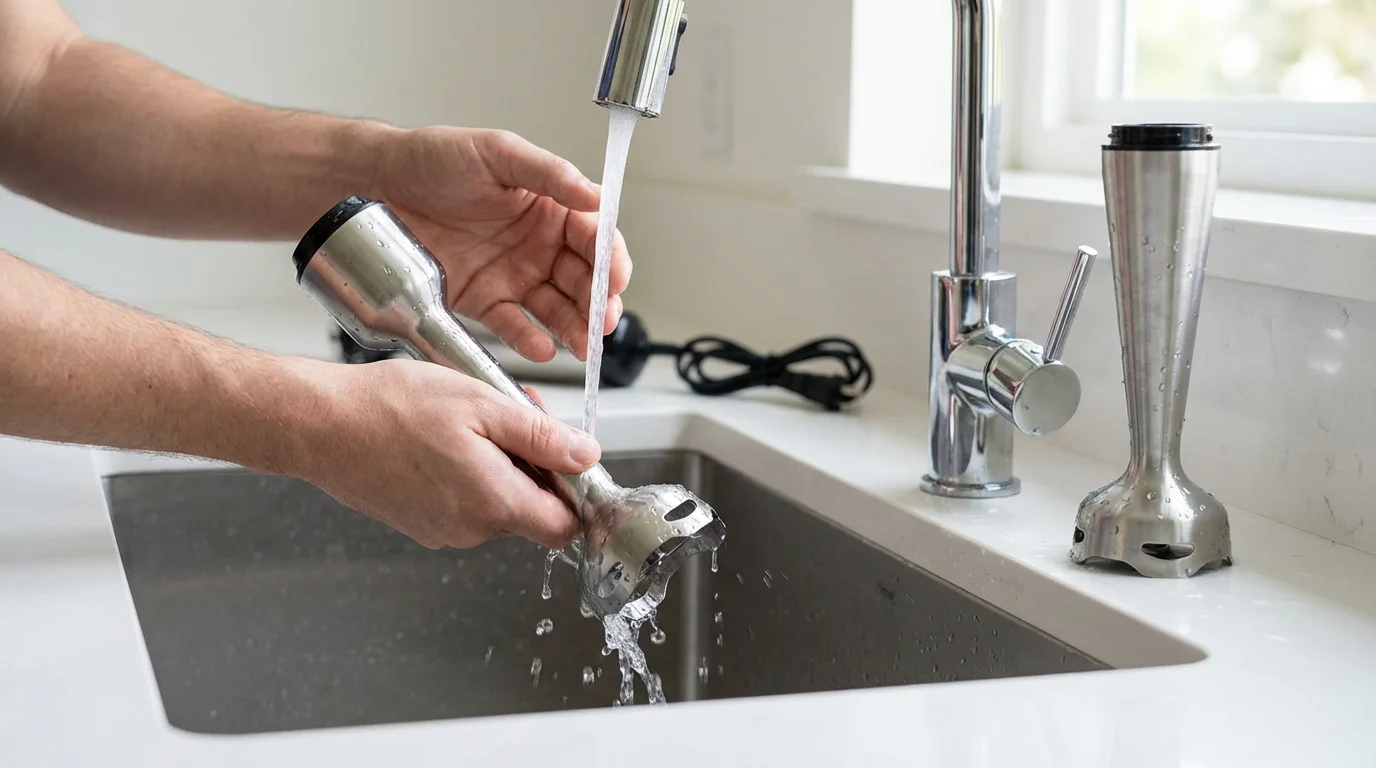 Low angle view of a person washing immersion blender attachments in a sunlit kitchen sink.
