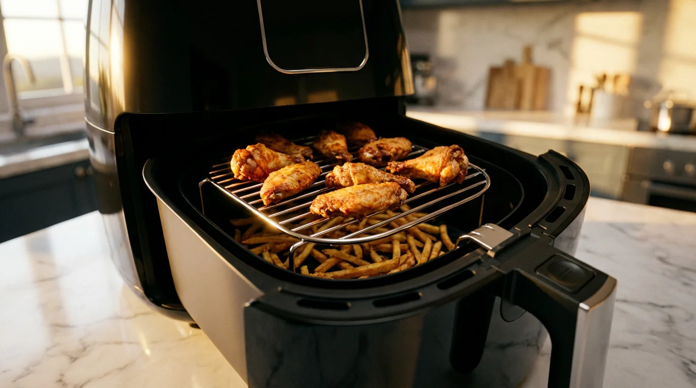 Low angle view of crispy chicken wings on a stainless steel rack inside an air fryer.