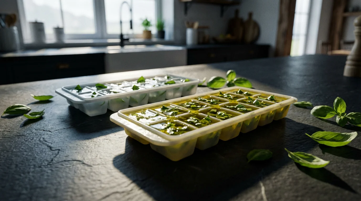 Low angle view of two ice cube trays with fresh basil in oil and water.