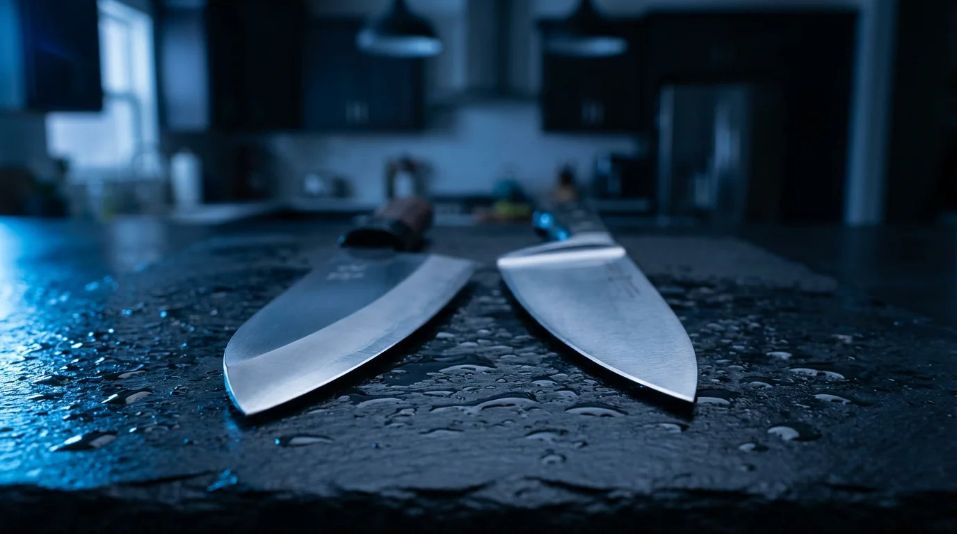Macro close-up comparing a symmetrical knife blade with an asymmetrical left-handed blade on slate.