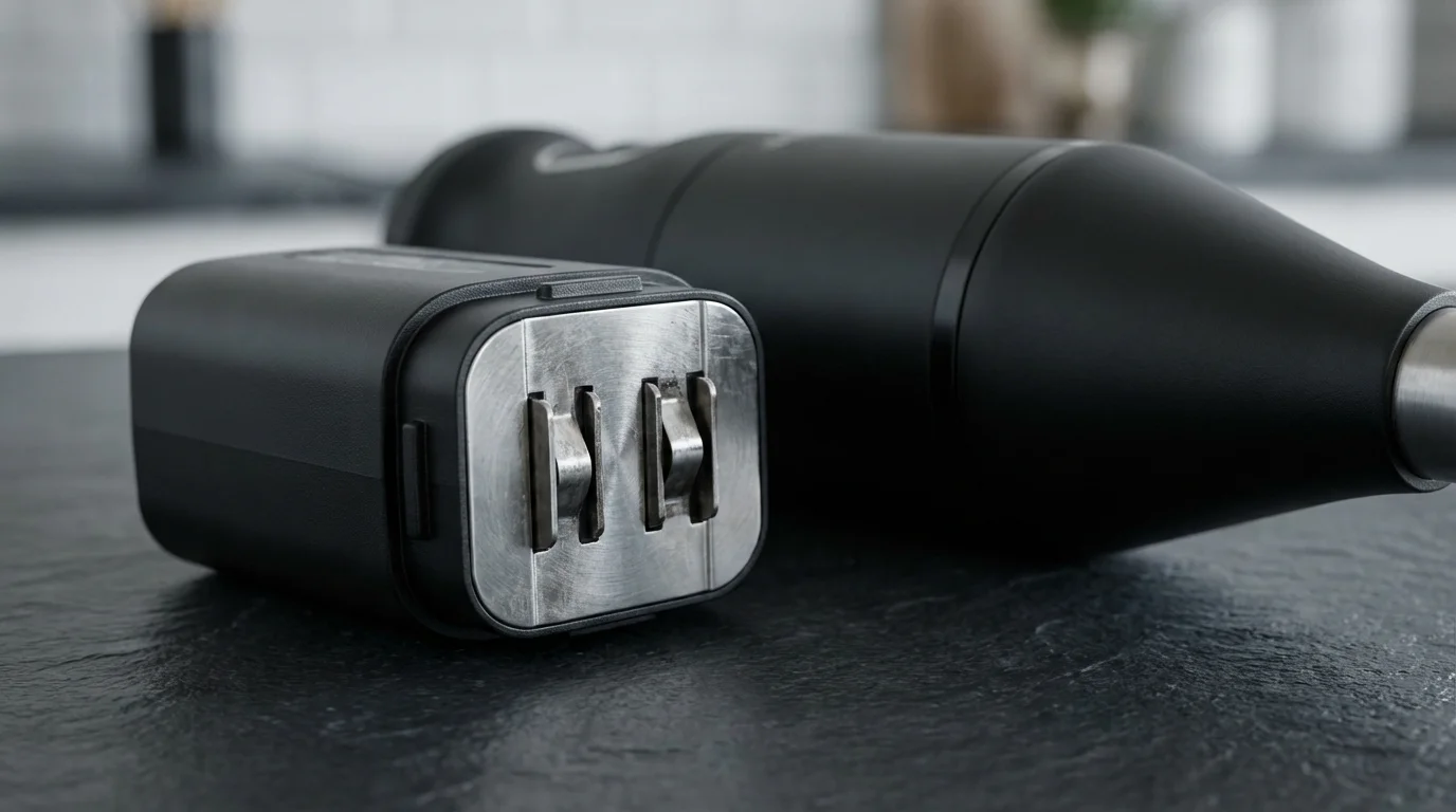 Macro close-up of a cordless immersion blender's detachable lithium-ion battery and electrical contacts.