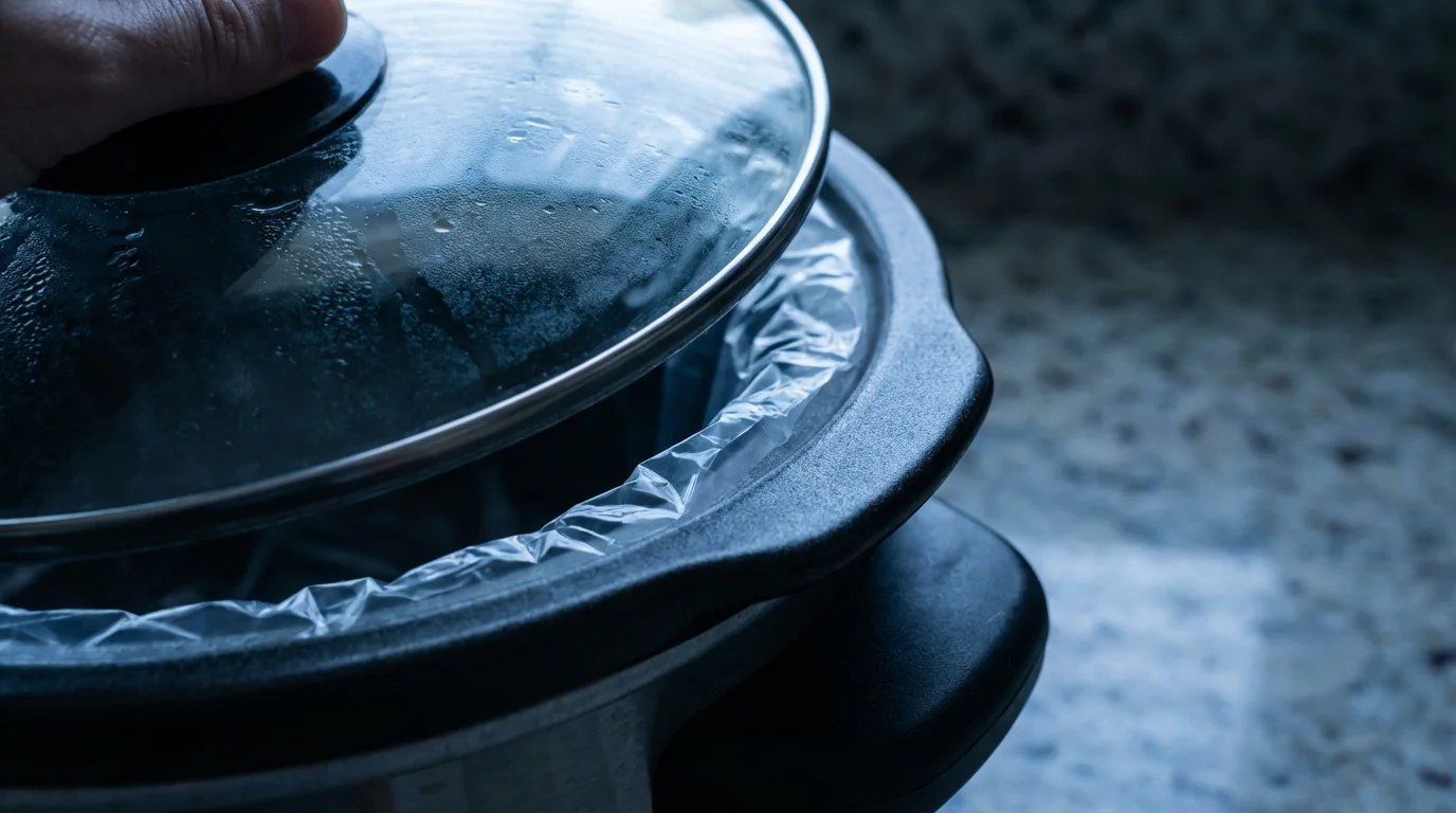 Macro close-up of a plastic slow cooker liner fitted correctly inside a ceramic pot.