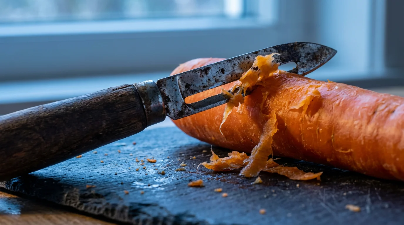 Macro photo of a dull peeler tearing the skin of a carrot.