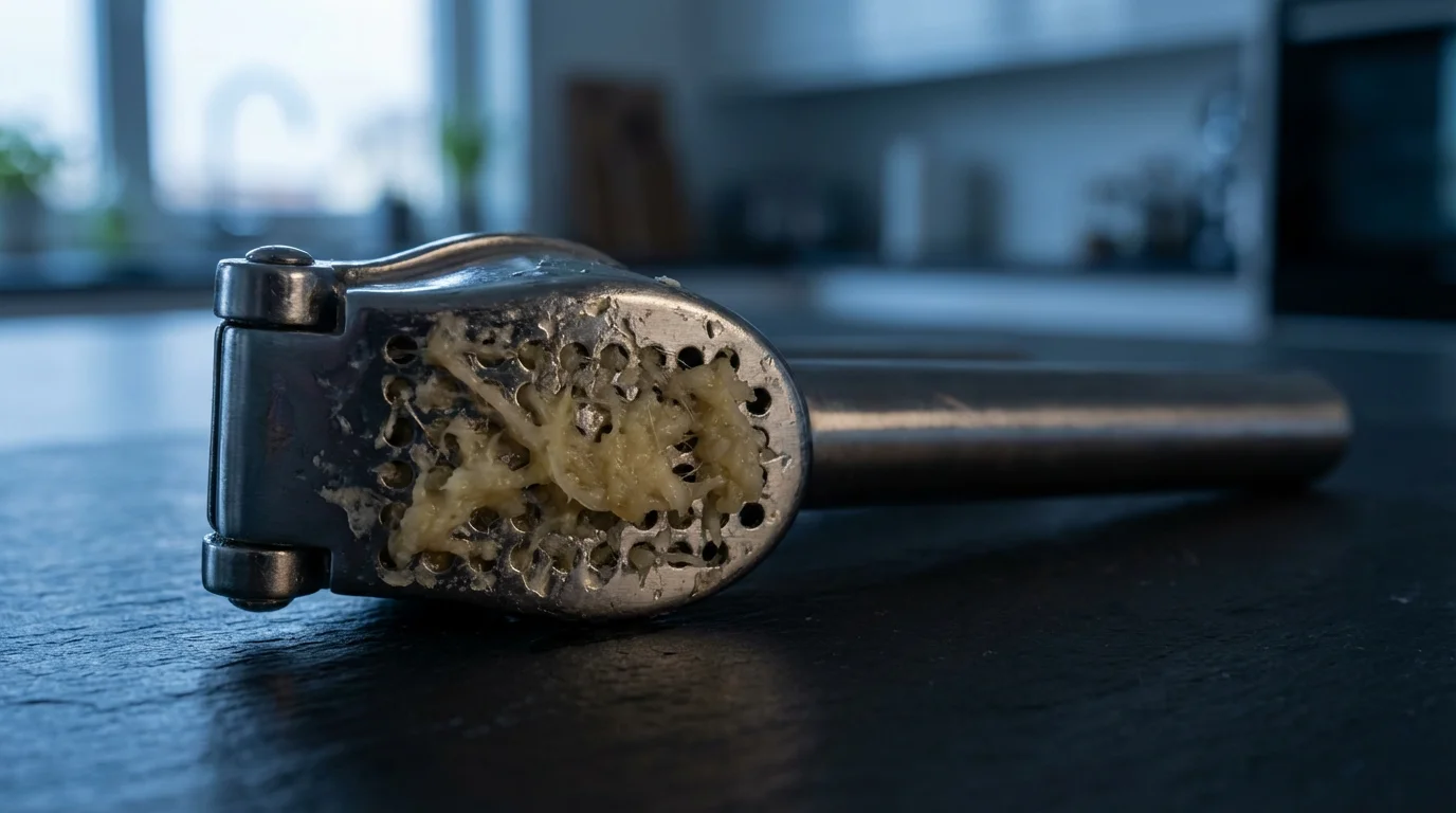 Macro photo of a messy garlic press with garlic pulp stuck in the holes.