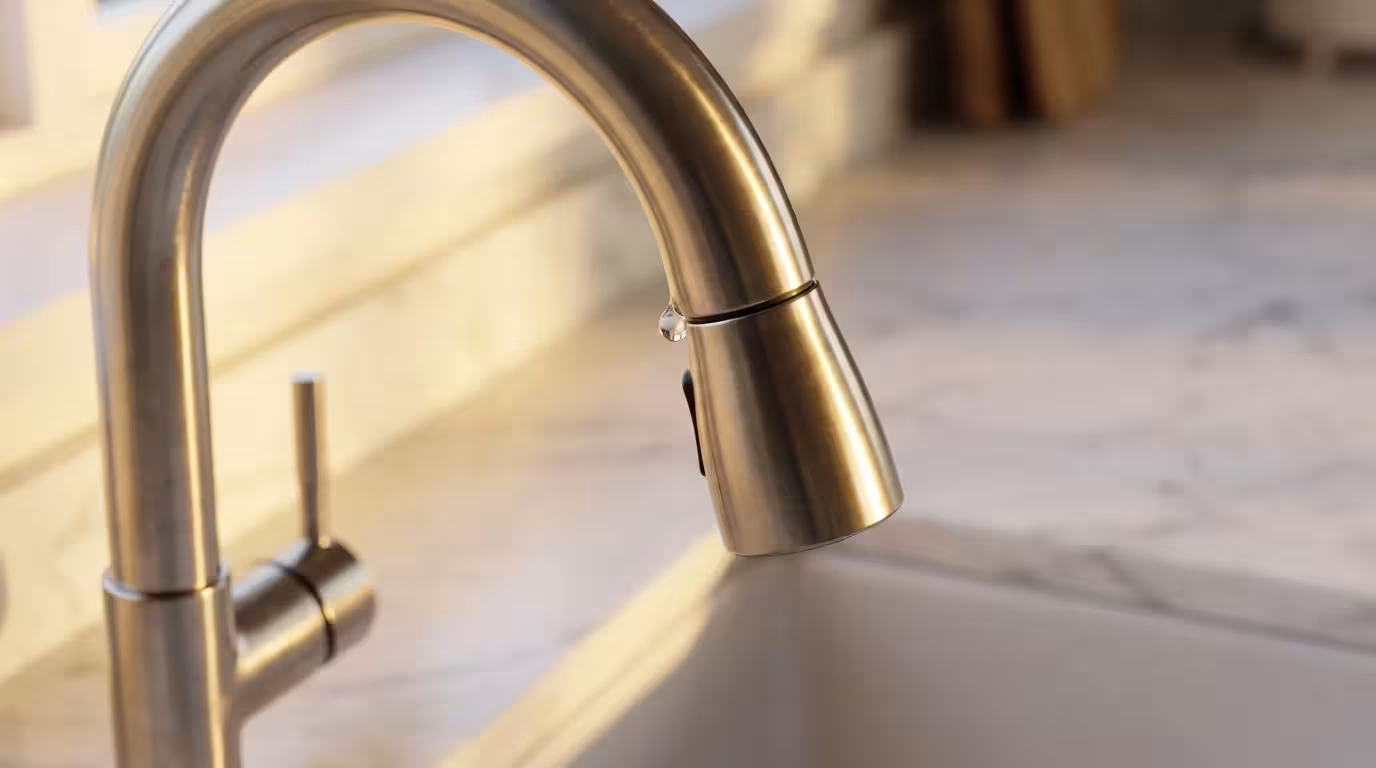 Macro photo of a stainless steel kitchen faucet's magnetic spray head docking into place.