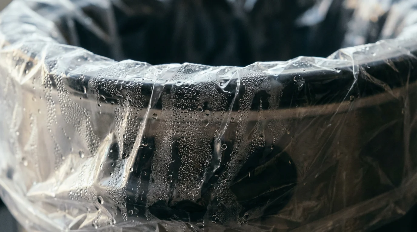 Macro photo of condensation beads on a transparent slow cooker liner, implying heat.