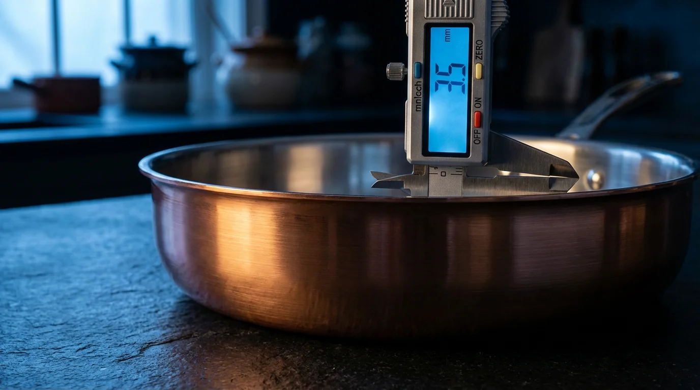 Macro photograph of a digital caliper measuring the thick rim of a copper pan.