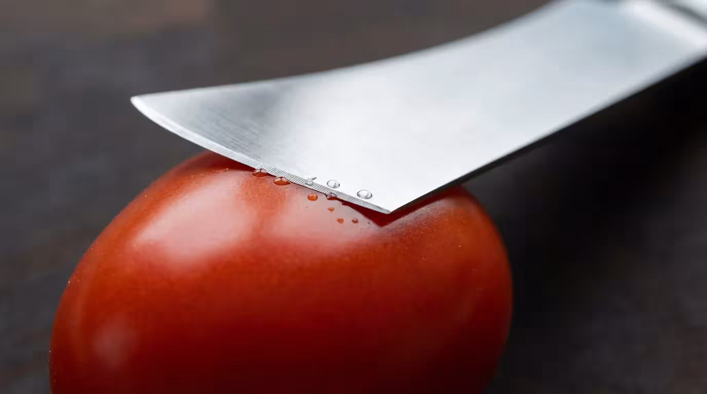 Macro photograph of a razor-sharp knife effortlessly slicing into the skin of a tomato.