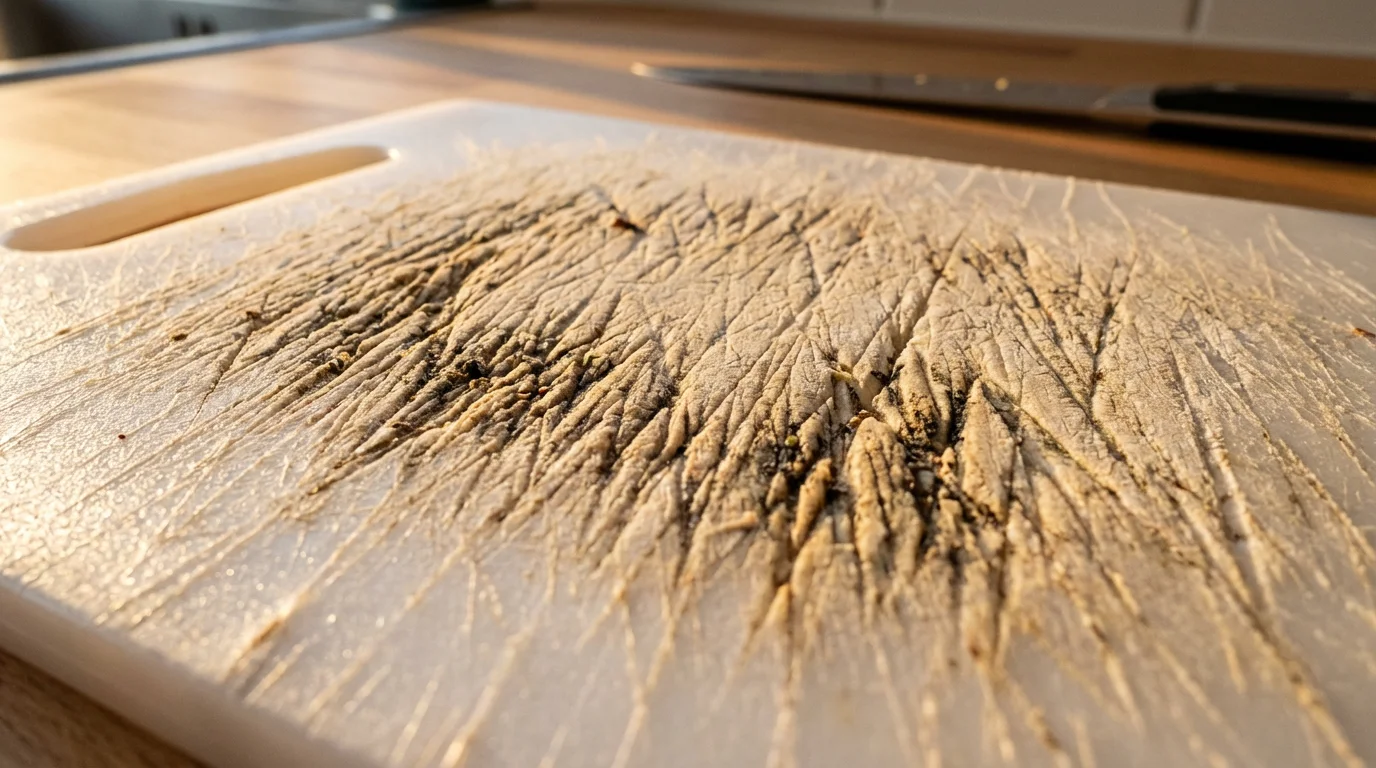 Macro photograph of deep knife scars and scratches on a used white plastic cutting board.