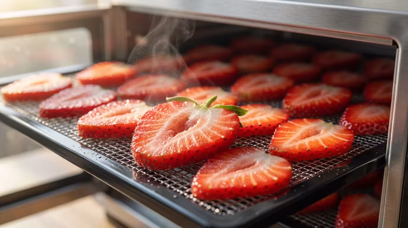 Macro photograph of moisture droplets on fresh strawberry slices on a food dehydrator tray.