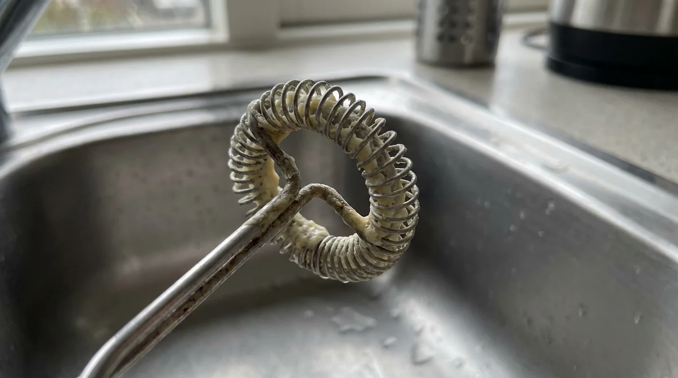 Macro shot of a dirty milk frother whisk with dried milk residue, needing cleaning.