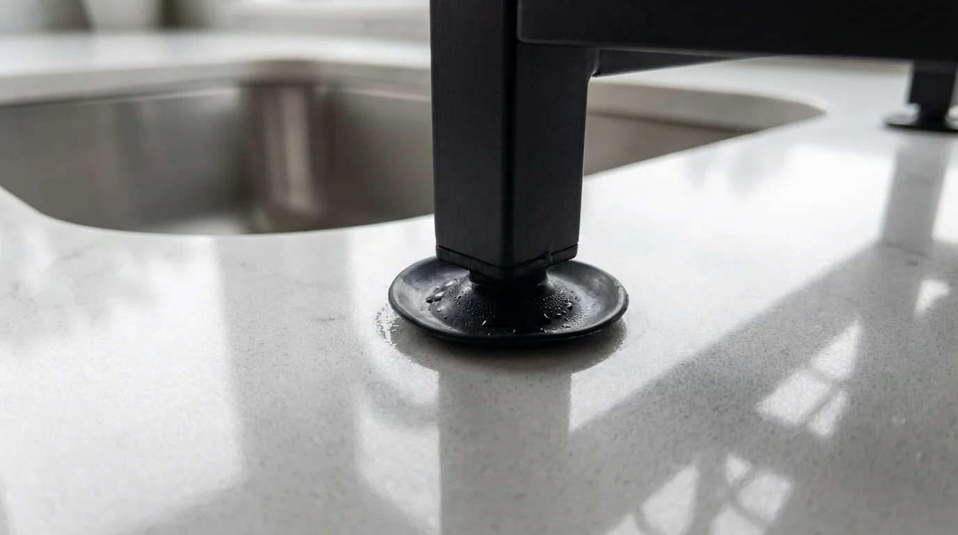 Macro shot of a dish rack's suction cup foot securing it to a countertop.