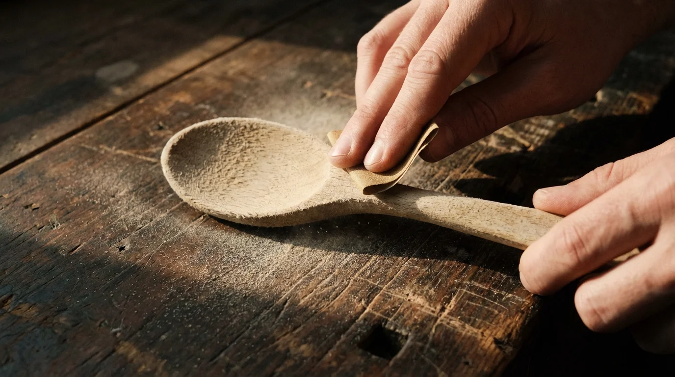Macro shot of a hand using fine-grit sandpaper to smooth a rough wooden spoon.
