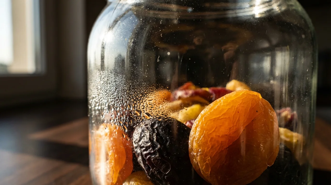 Macro shot of condensation inside a glass jar filled with dried fruit during conditioning.