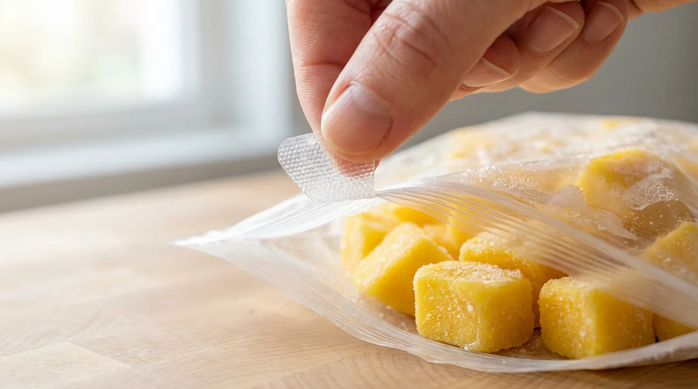Macro shot of fingers opening a textured seal on a freezer bag of frozen mango.