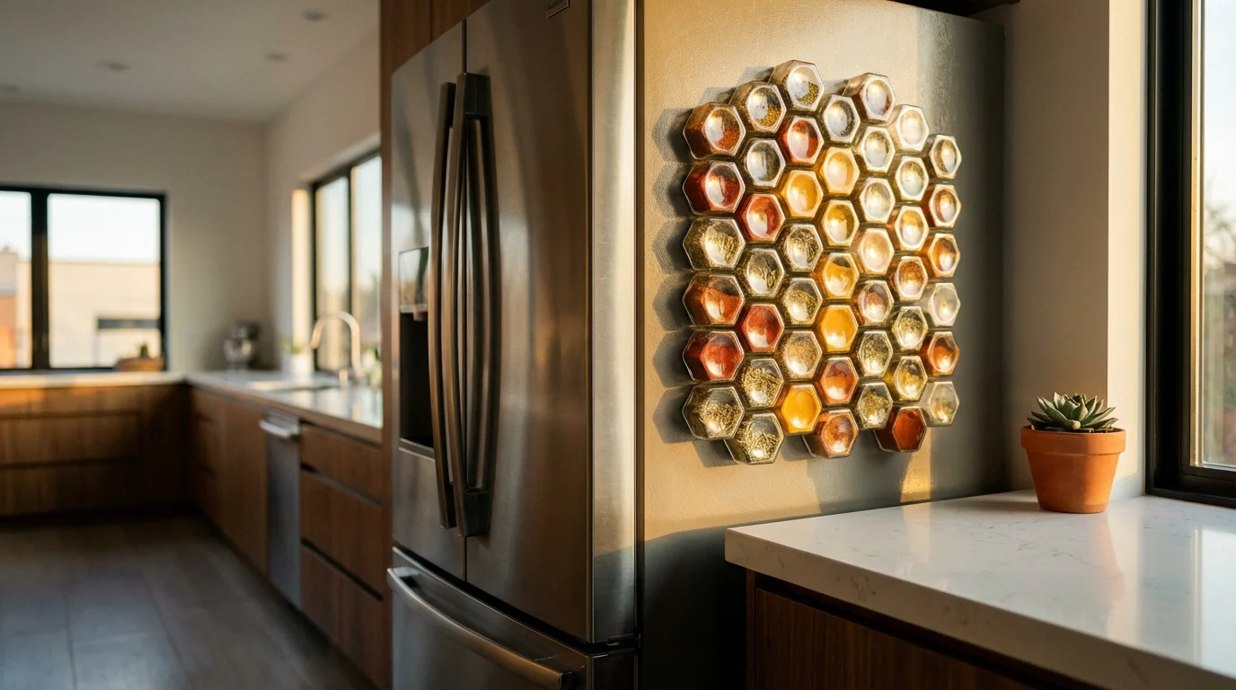 Magnetic spice jars organized in a honeycomb pattern on a refrigerator in a sunlit kitchen.