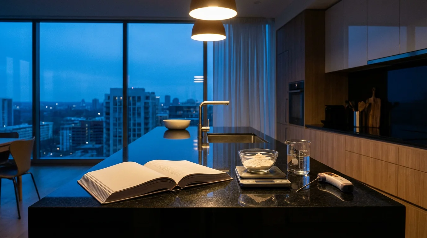 Modern kitchen counter with open cookbook and scientific cooking tools at dusk.