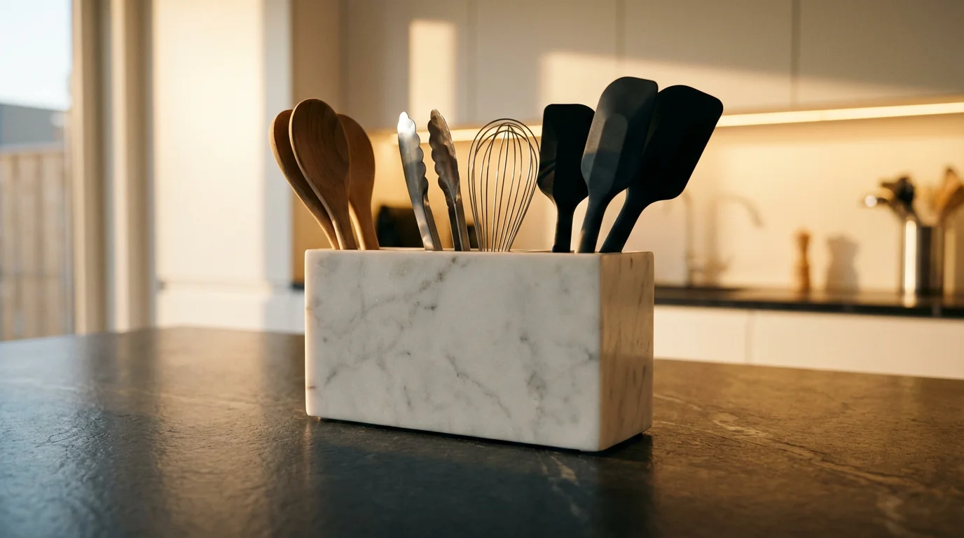 Neatly organized kitchen utensils in a three-compartment white marble holder on a dark countertop.