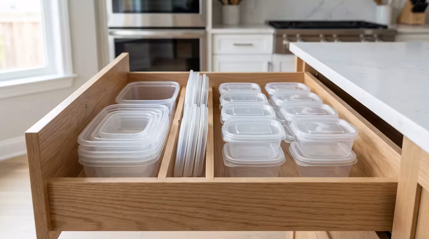 Neatly organized plastic food containers sorted by type inside a clean kitchen drawer.