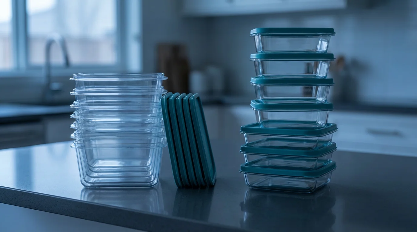 Nested food containers next to a tall stack of lidded containers on a countertop.
