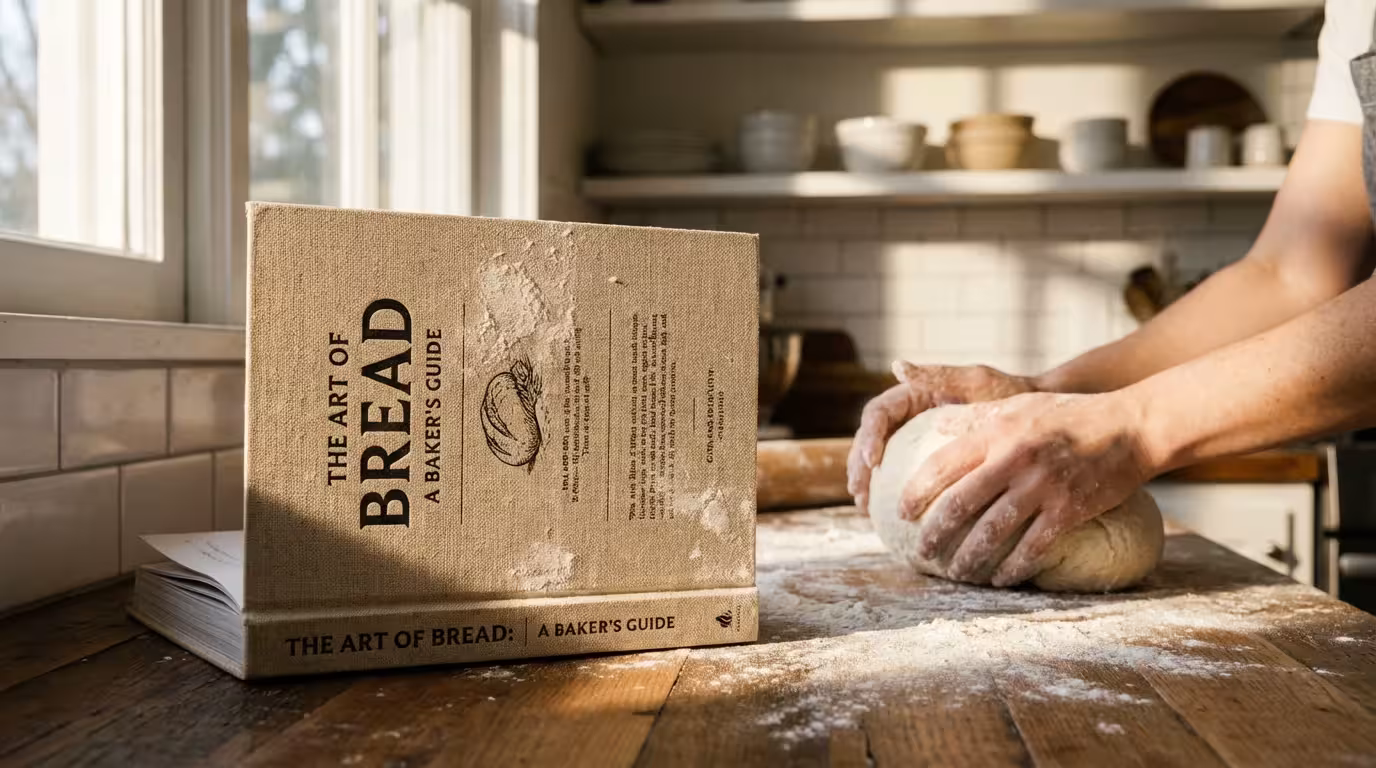 Open cookbook on a flour-dusted kitchen counter next to hands kneading dough in morning light.
