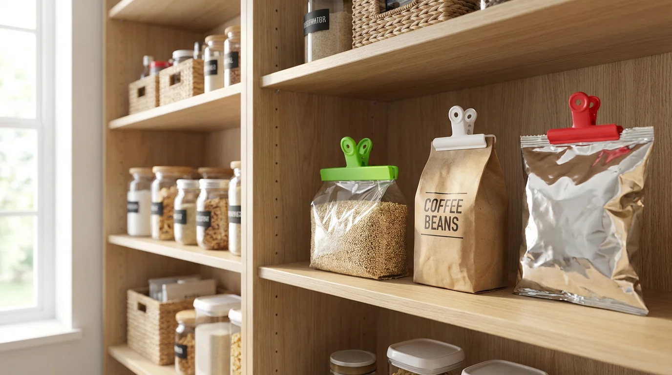 Organized pantry shelf with bags of coffee and chips sealed with colorful clamp clips.