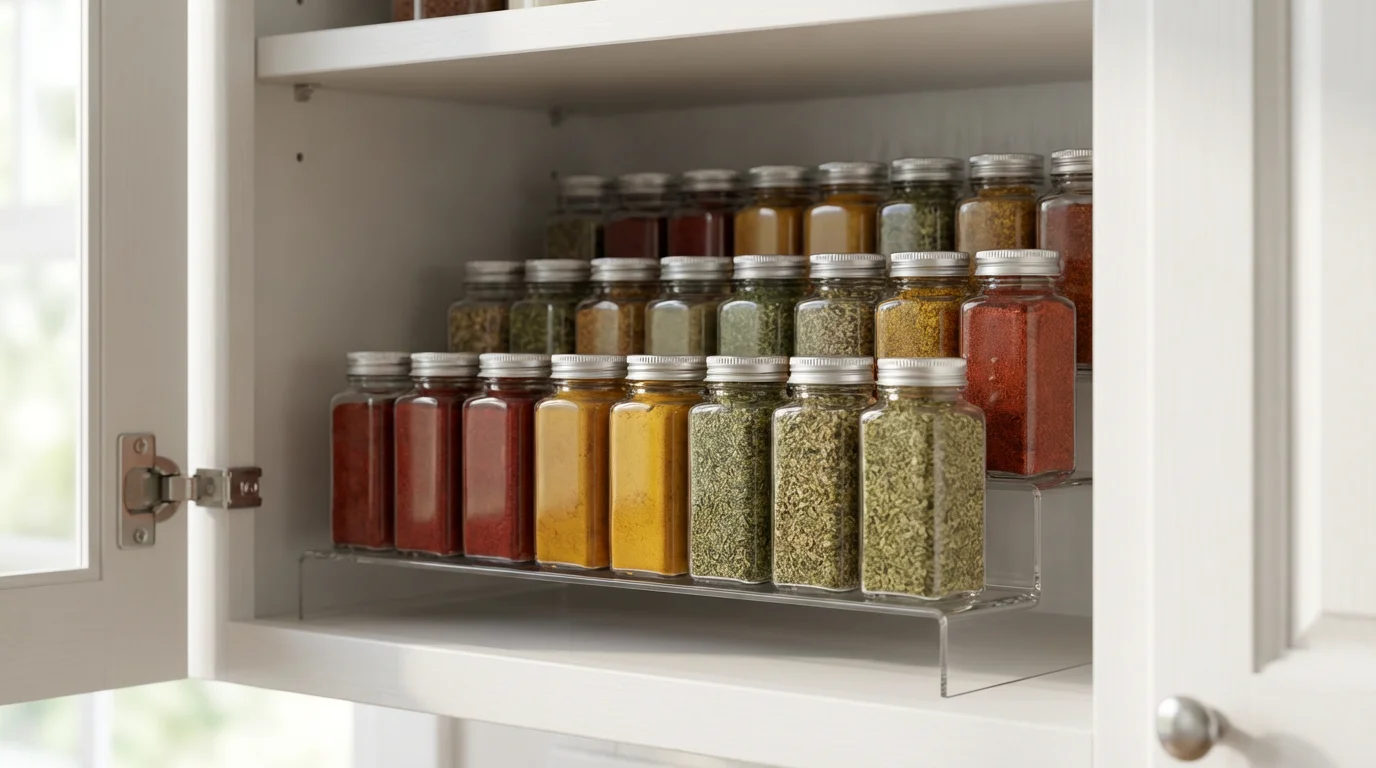 Organized spice jars on a clear tiered riser inside a brightly lit kitchen cabinet.