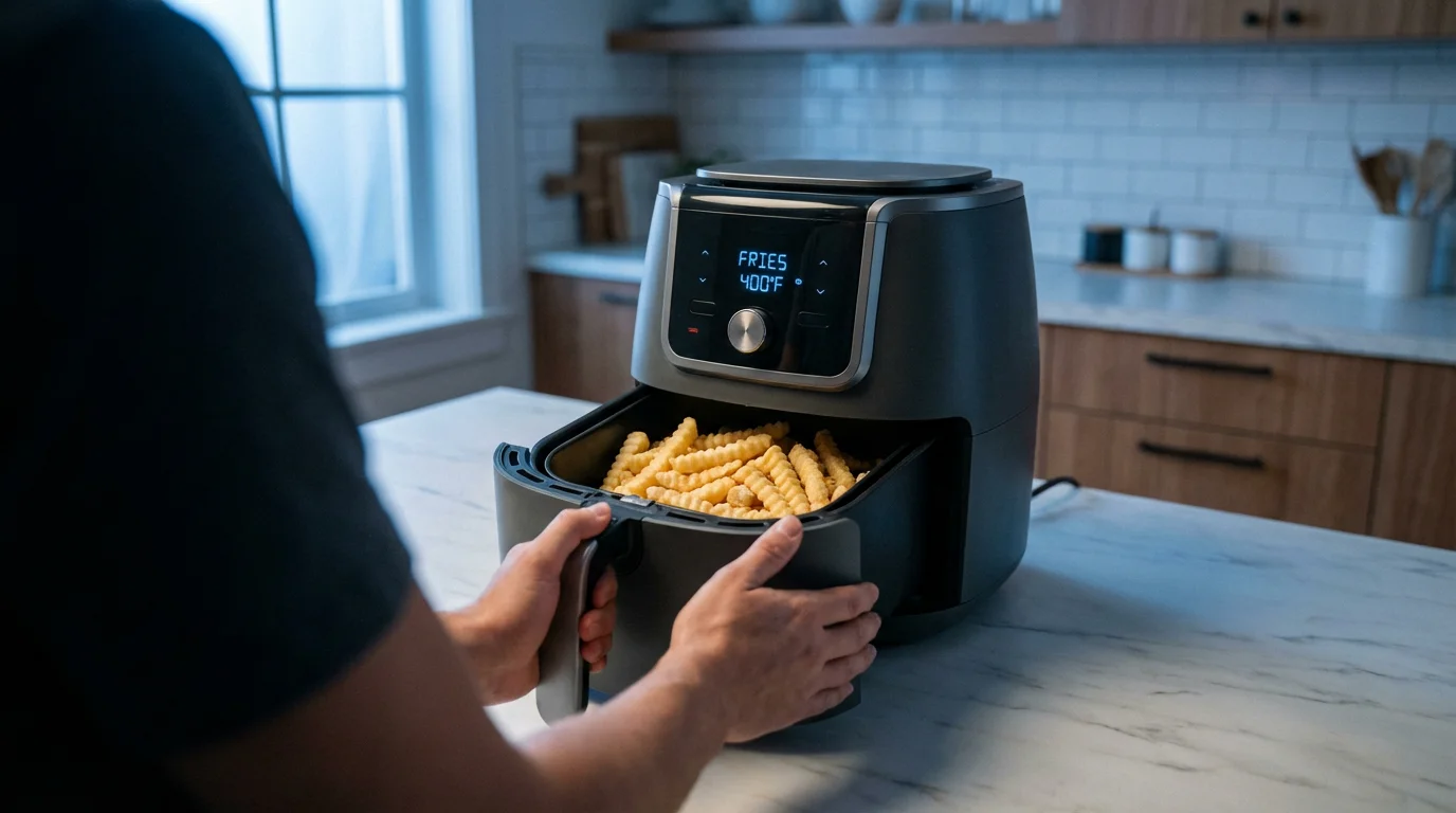 Over-the-shoulder shot of a person placing frozen french fries into an air fryer.