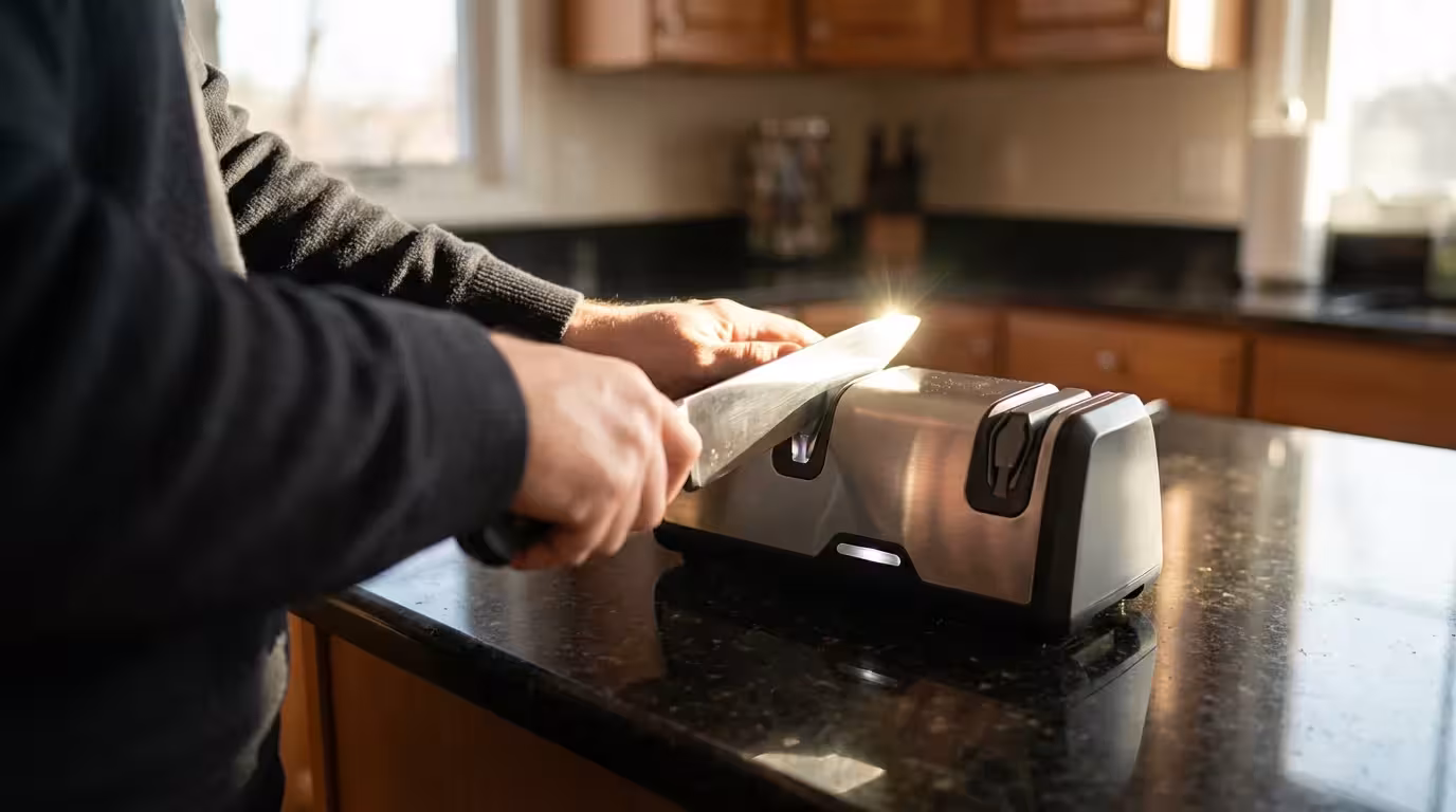 Over-the-shoulder shot of hands using a multi-stage electric knife sharpener in a kitchen.