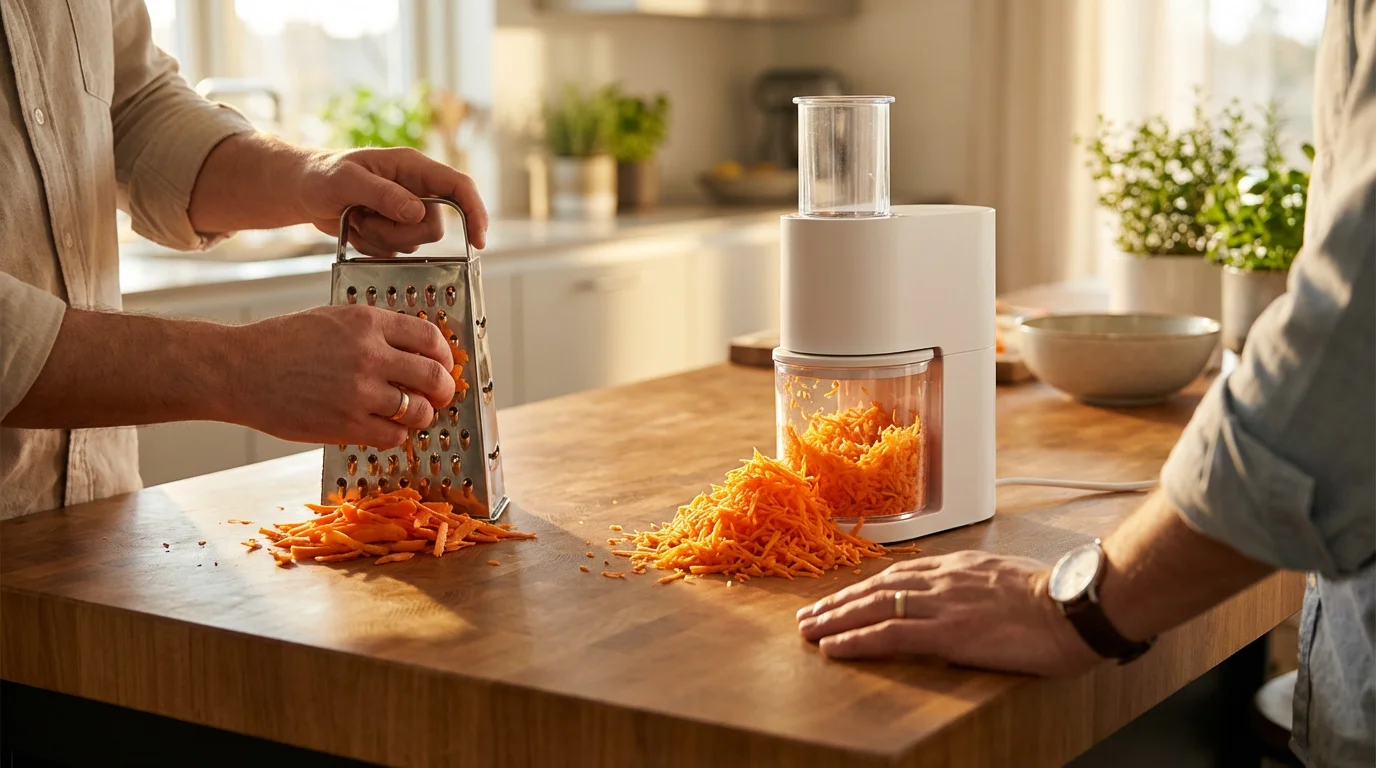 Over-the-shoulder view comparing a manual box grater and a modern electric grater.