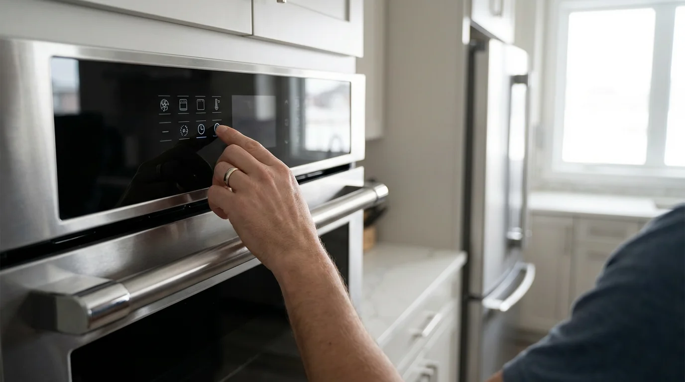 Over-the-shoulder view of a hand using the touch screen on a modern kitchen oven.