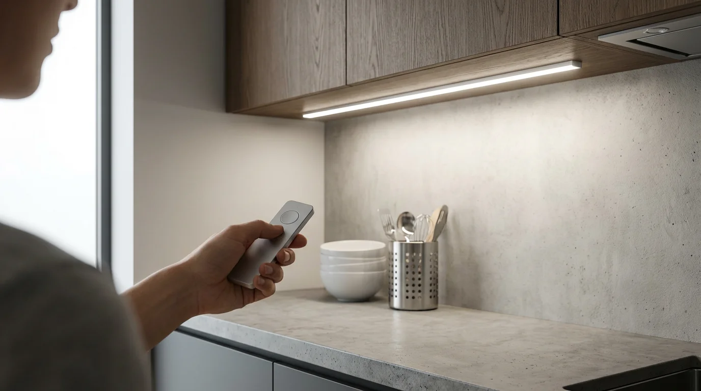 Over-the-shoulder view of a hand with a remote adjusting neutral-white under-cabinet kitchen lights.