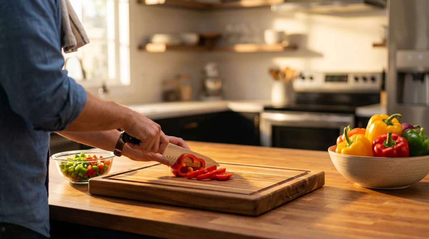 Over-the-shoulder view of a left-handed kitchen prep station with a right-to-left workflow.