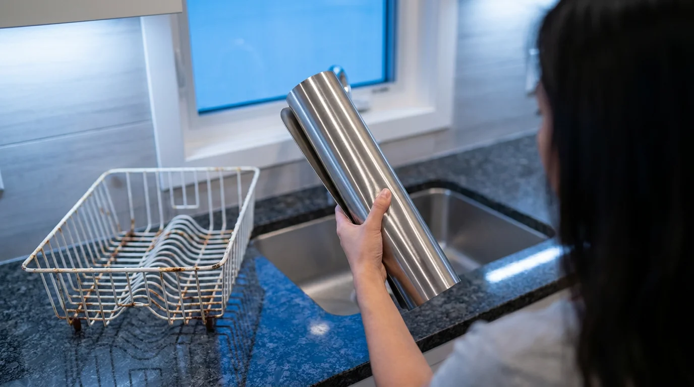 Over-the-shoulder view of a new stainless steel dish rack replacing a rusty one.