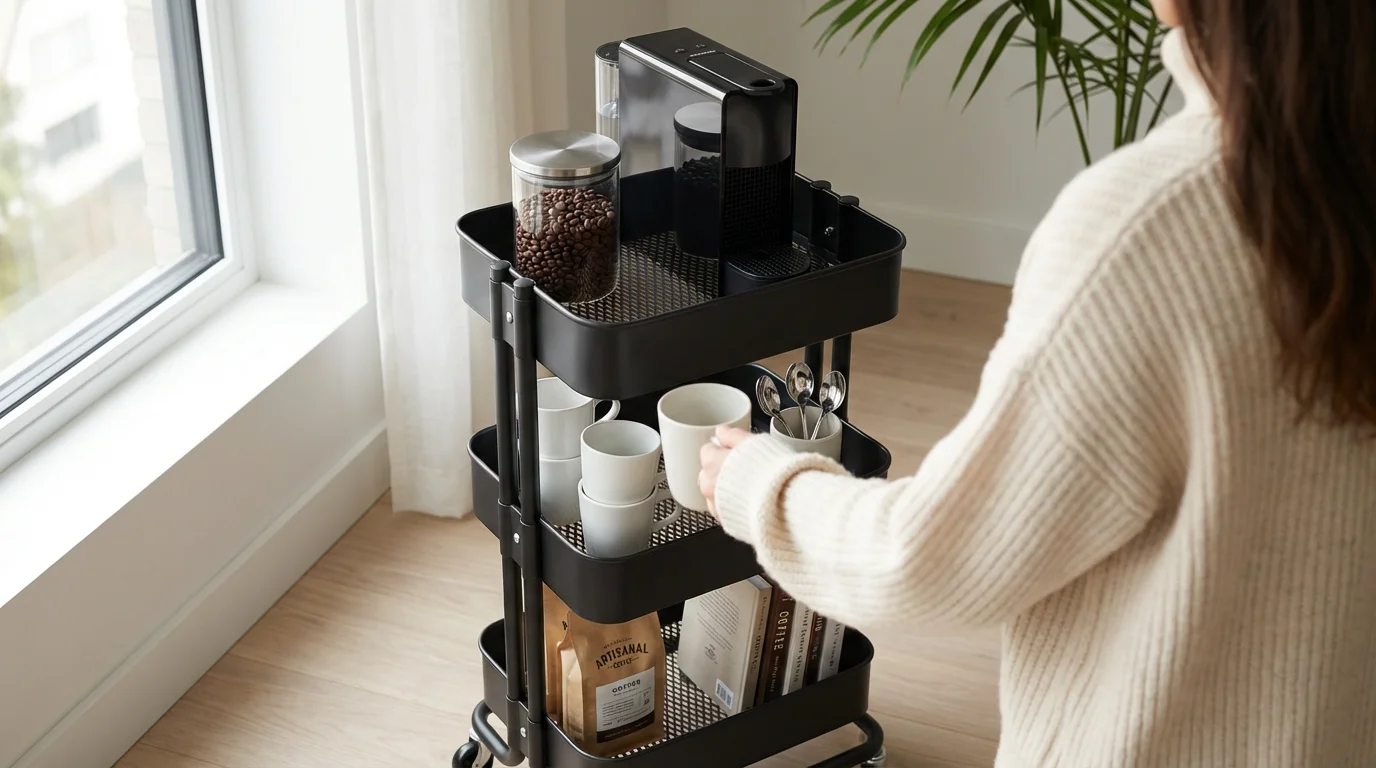 Over-the-shoulder view of a person at a three-tiered black utility cart coffee station.