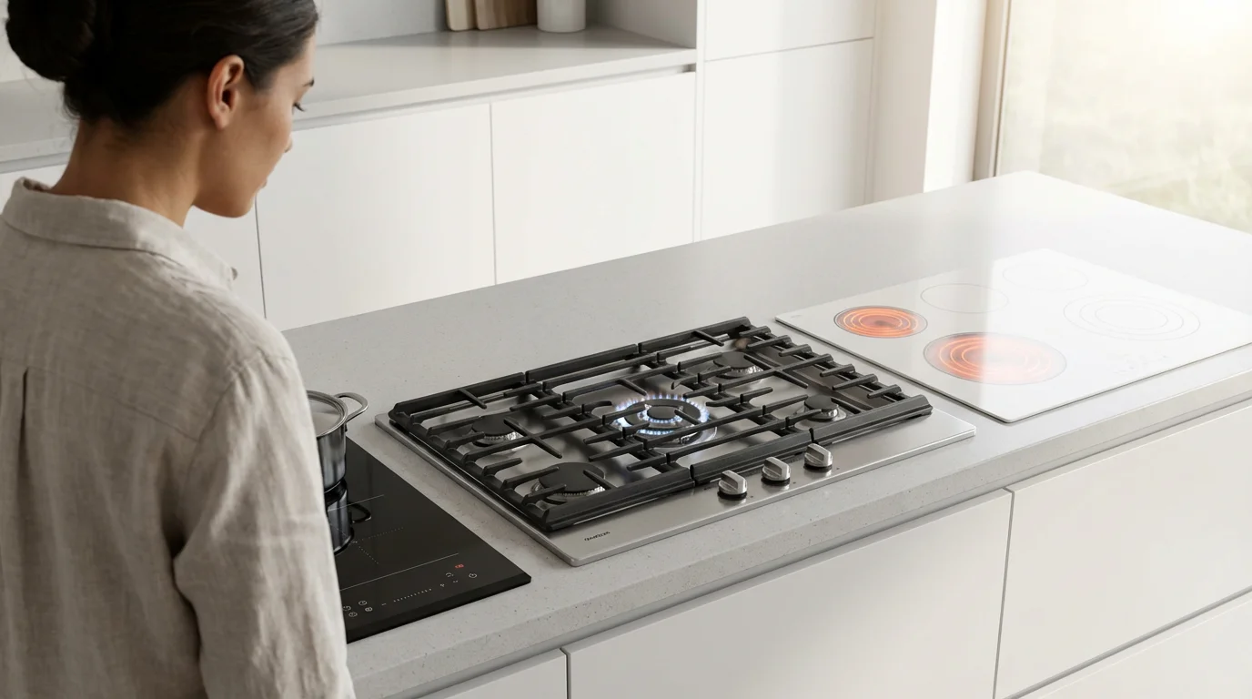 Over-the-shoulder view of a person comparing induction, gas, and electric cooktops in a kitchen.