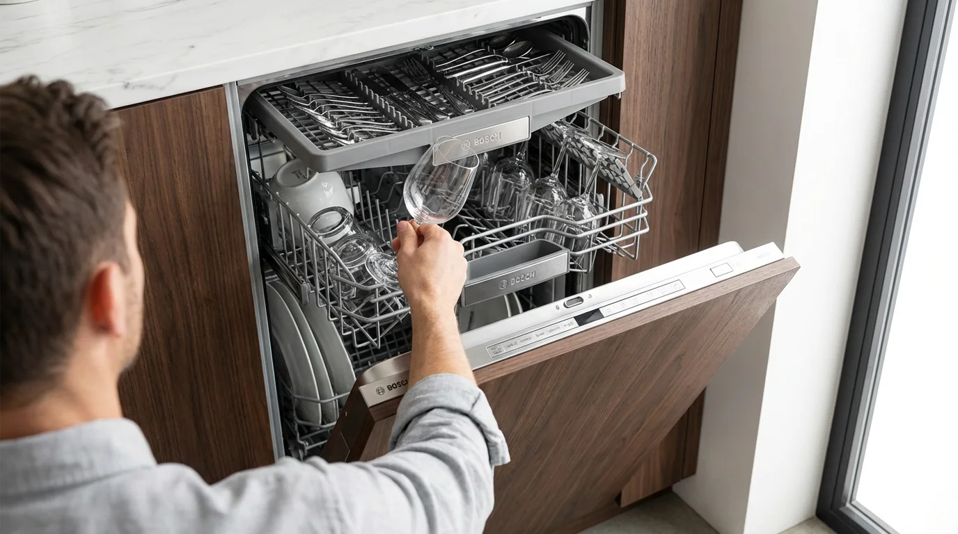 Over-the-shoulder view of a person loading a high-end Bosch stainless steel dishwasher.