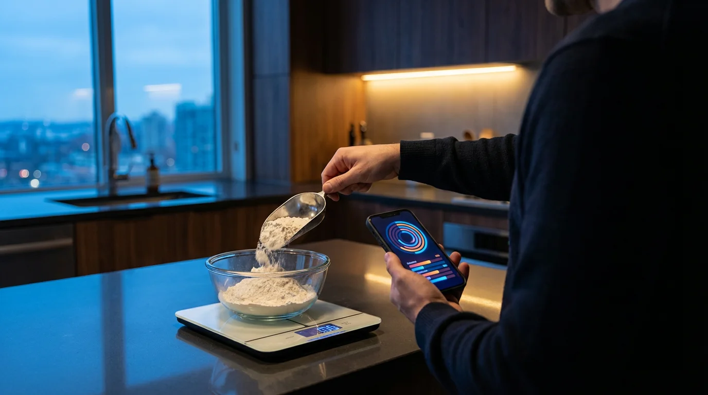 Over-the-shoulder view of a person using a smart kitchen scale and a smartphone.