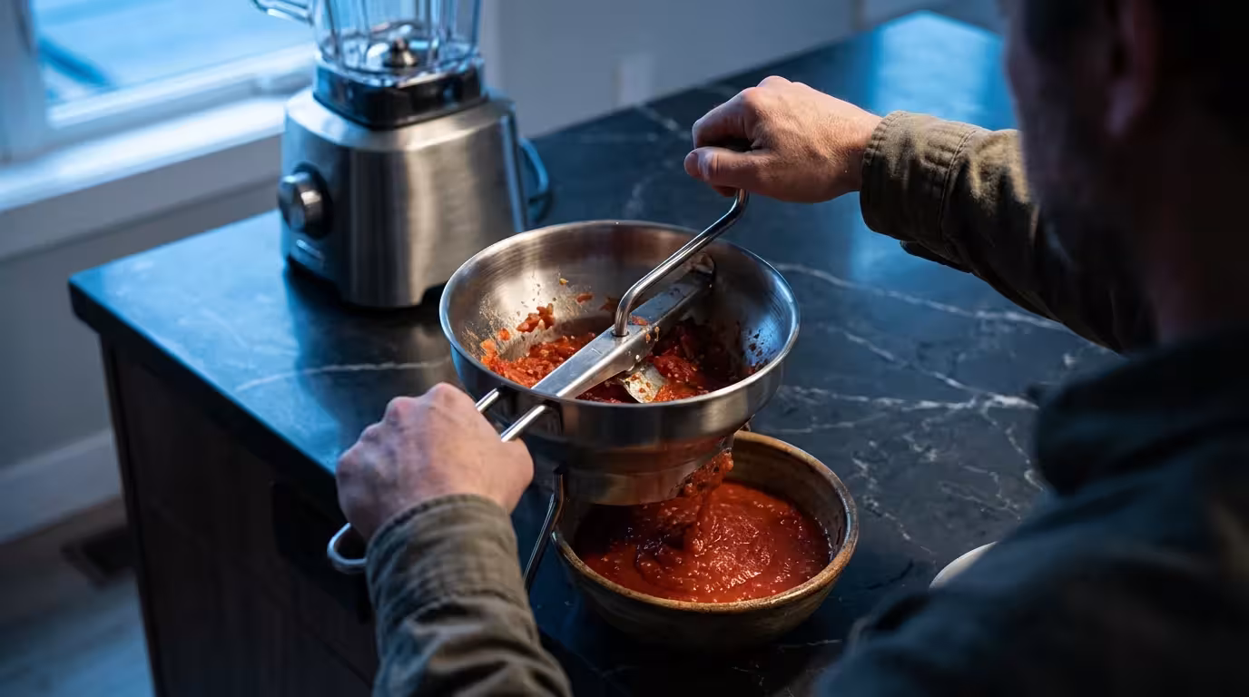 Over-the-shoulder view of a person using a food mill to make sauce in a kitchen.