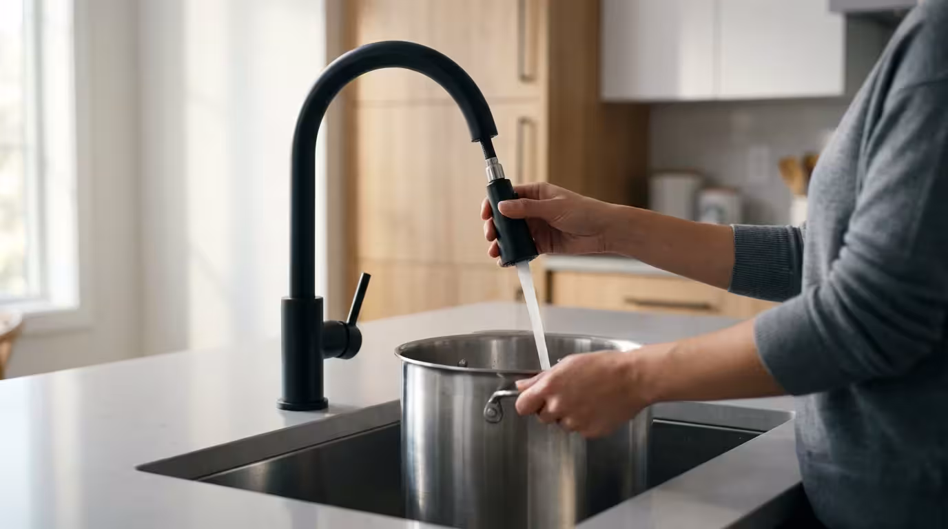 Over-the-shoulder view of a person using a modern pull-down kitchen faucet to fill a pot.